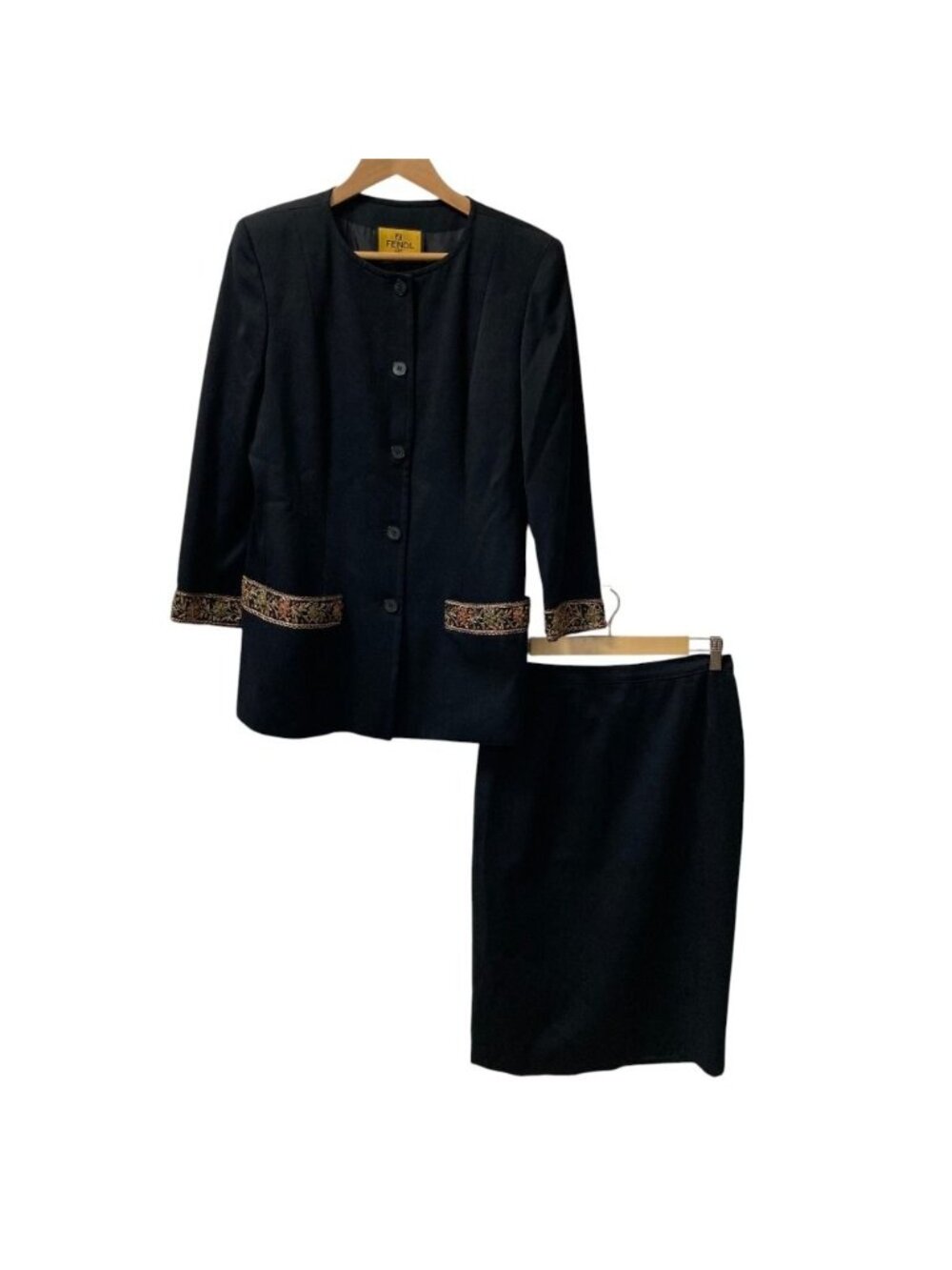 Fendi Vintage Trimembroidery Collarless Jacket Skirt Suit Set Black